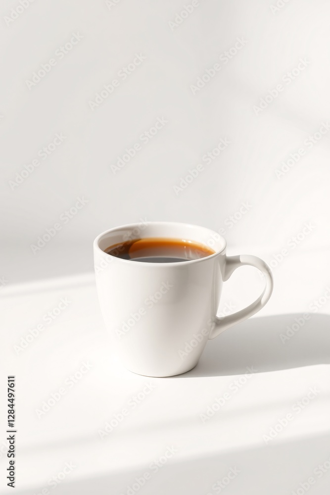 Minimalist white ceramic mug filled with black coffee placed in soft natural light on white surface Minimalist white ceramic mug filled with black coffee placed in soft natural light on white surface