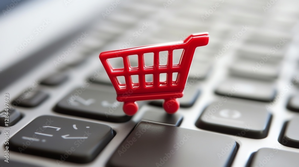 A close-up of a small red shopping cart placed on a computer keyboard, symbolizing online shopping and e-commerce A close-up of a small red shopping cart placed on a computer keyboard, symbolizing online shopping and e-commerce