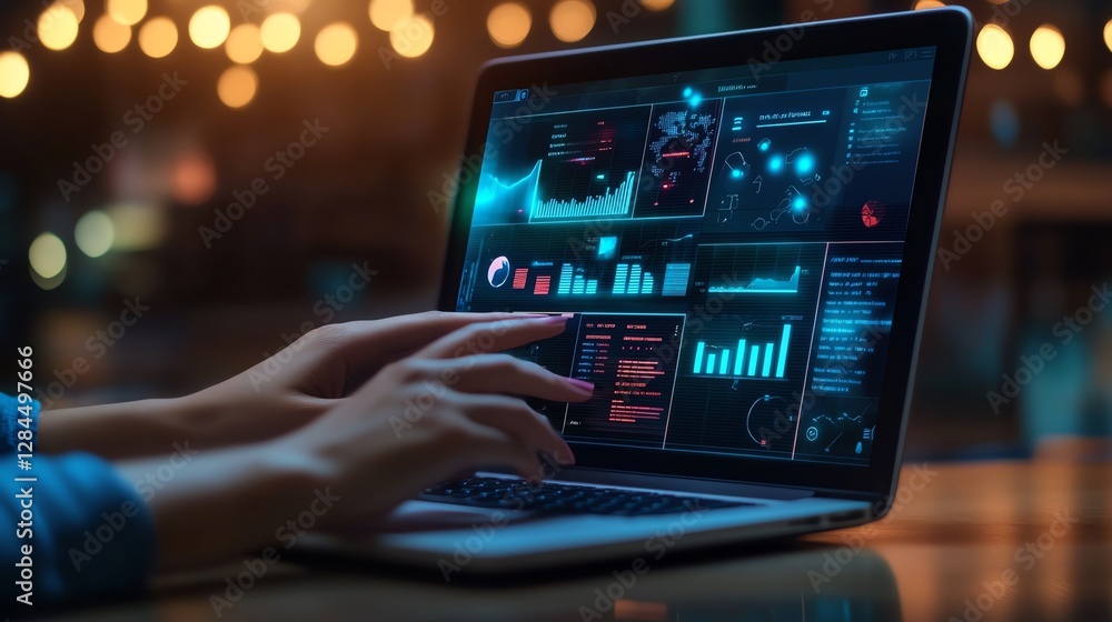 A close-up shot of a person's hand on a laptop keyboard with a glowing data interface displayed on the screen A close-up shot of a person's hand on a laptop keyboard with a glowing data interface displayed on the screen