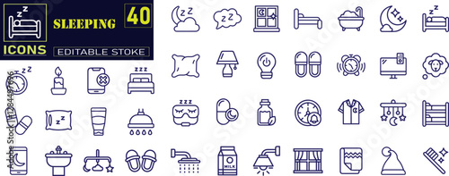 Set of  outline icons related to sleeping . bedroom, dream, pillow, bed, alarm clock, insomnia, night, rest and sleep disorders icons.