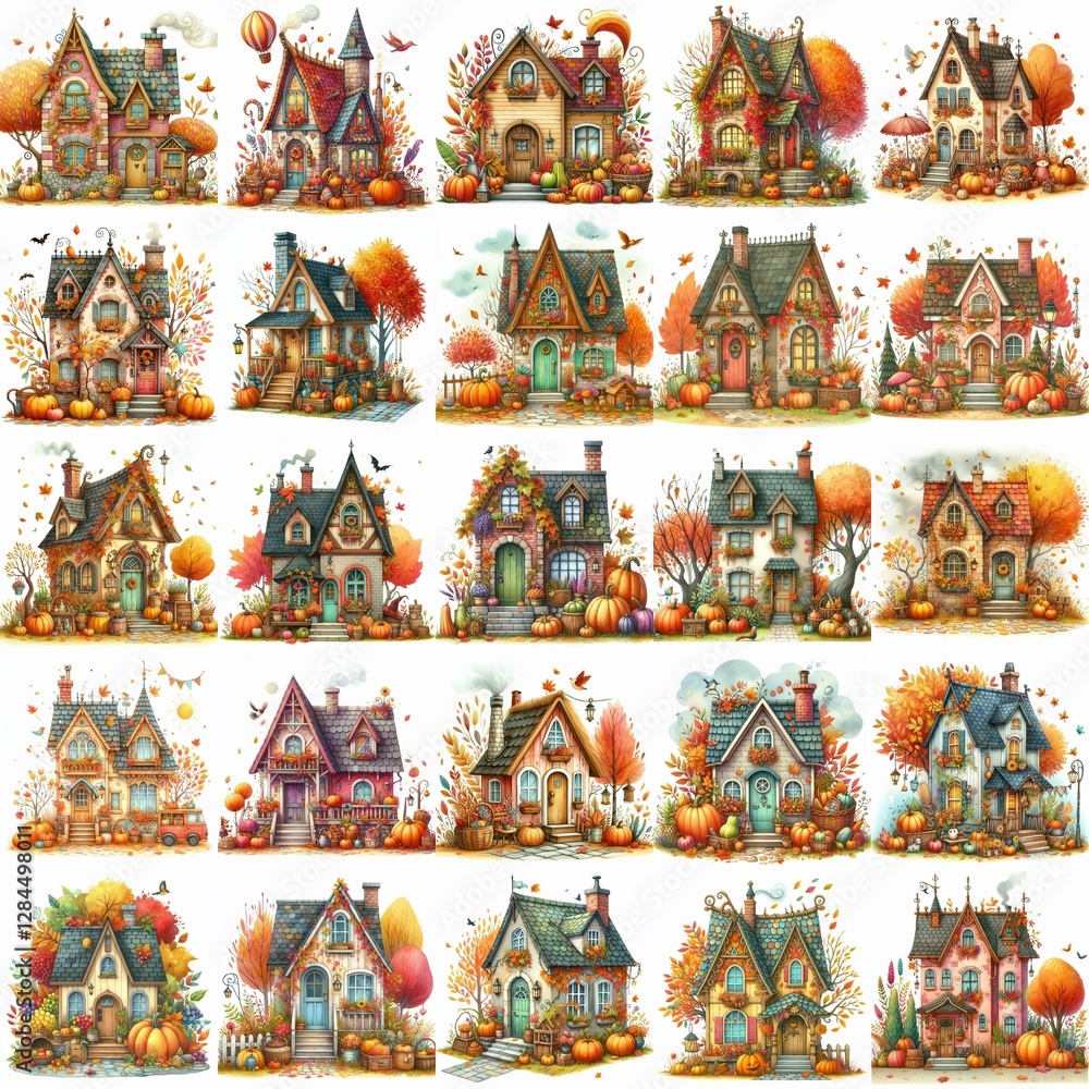 Fototapeta premium Watercolor Autumn House. AI generated illustration