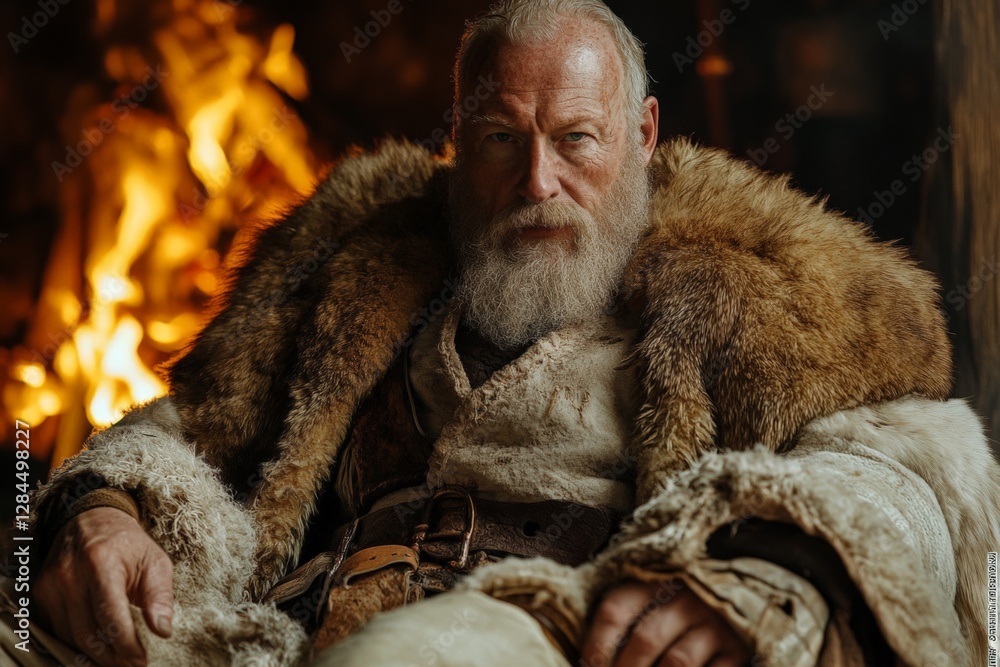 Mature man with a long beard and fur coat seated by a roaring fire in a rustic setting during winter Mature man with a long beard and fur coat seated by a roaring fire in a rustic setting during winter