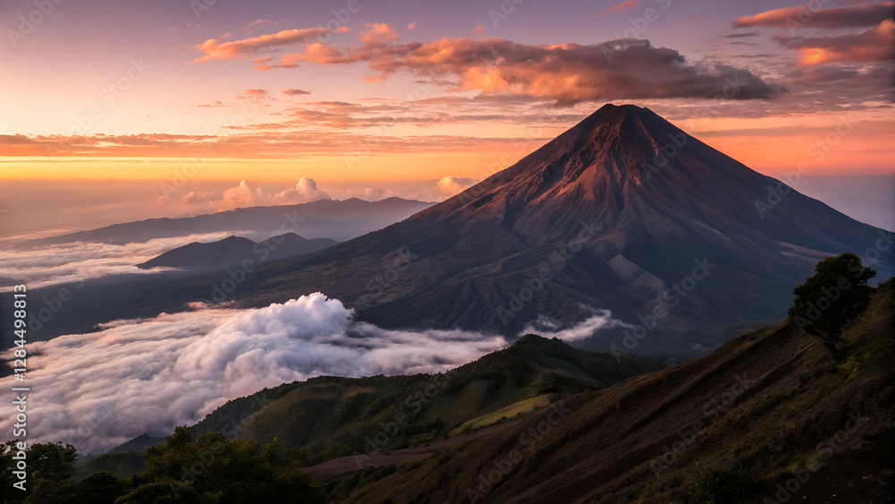Majestic Volcano at Sunrise with Dramatic Clouds and Lush Mountain Landscape