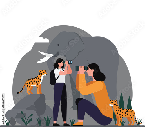 Elephant observing women with binoculars in flat vector art illustration