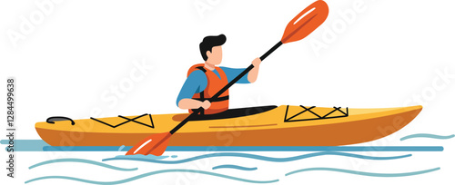 Kayaker paddling in a bright yellow kayak with flat design vector art
