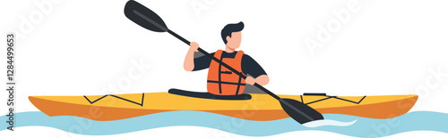 Kayaker paddling through water in flat style vector art