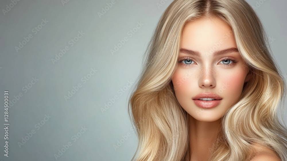 Blonde model with shiny, sleek hair and perfect complexion, posed elegantly on a neutral gray background Blonde model with shiny, sleek hair and perfect complexion, posed elegantly on a neutral gray background