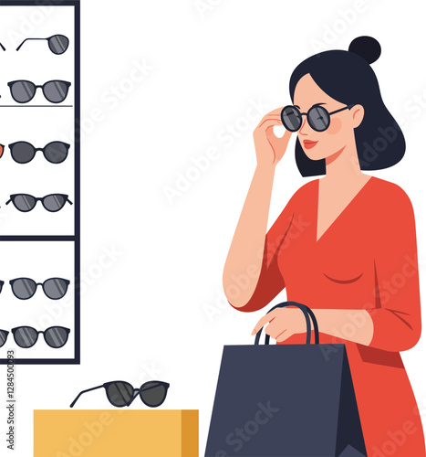 Woman trying on sunglasses in a shop with minimal flat vector art