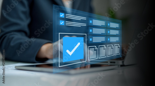 Document Management System (DMS) concept. Businessmen and Businesswomen checklist, managing and access information in online exam standards and document Control for company database access