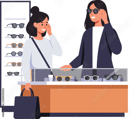 Woman trying on sunglasses in a store with friendly assistant flat vector art