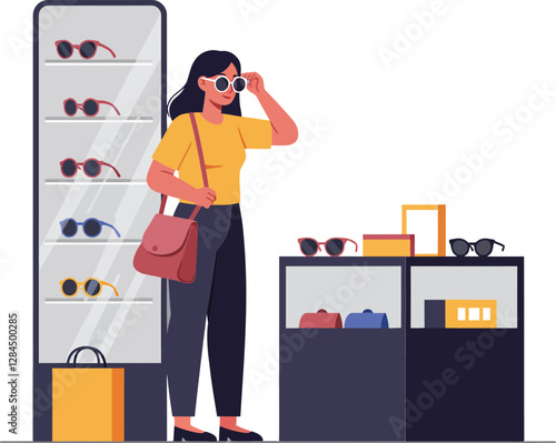 Woman trying on sunglasses in a modern store flat vector illustration