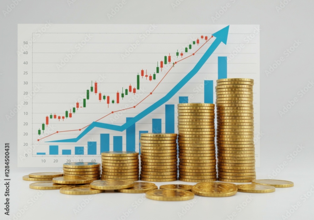 A modern financial depiction with coin stacks and colorful charts, ideal for business contexts. A modern financial depiction with coin stacks and colorful charts, ideal for business contexts.