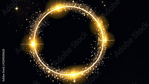 Round gold rotating frame. Christmas frame. Golden sparkling sequins.