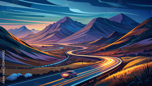Car light trails on winding road through the highlands near Glencoe in Scotland at dusk
