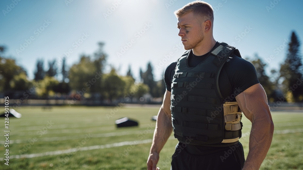 Quarterback training with weighted vests on a sunny afternoon field. Featuring strength and endurance