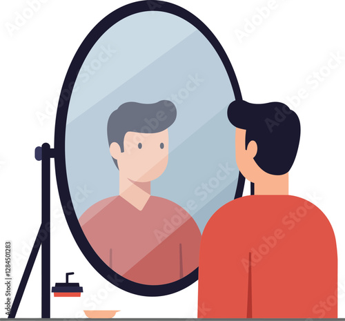 Person gazing into a mirror with reflection in flat vector illustration