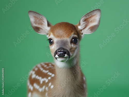 A cute fawn poses staring at the viewer on a green background photo