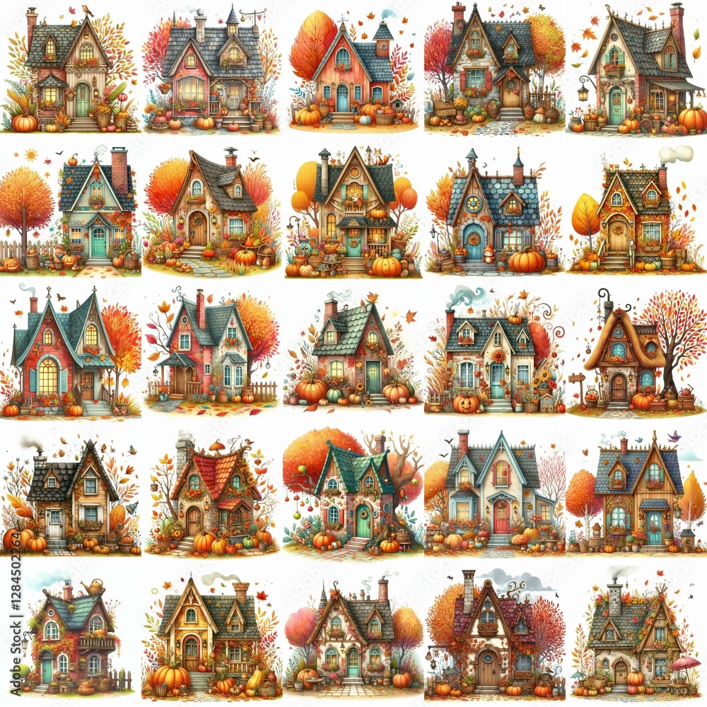Naklejka premium Watercolor Autumn House. AI generated illustration