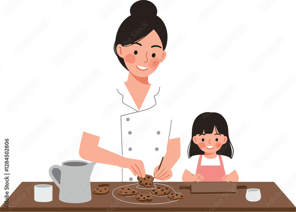 Woman and child baking together in a kitchen with flat vector art style vector illustration Woman and child baking together in a kitchen with flat vector art style vector illustration