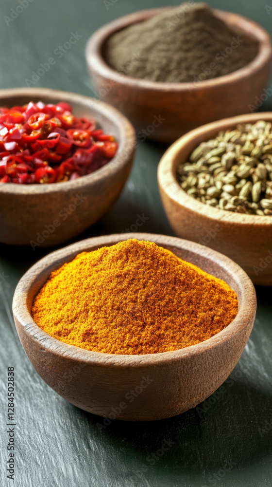 Small wooden bowls filled with vibrant spices like turmeric, allspice, cumin, and curry powder resting on a dark surface, creating a rich and aromatic culinary display Small wooden bowls filled with vibrant spices like turmeric, allspice, cumin, and curry powder resting on a dark surface, creating a rich and aromatic culinary display