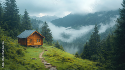 Misty mountain chalet nestled in alpine valley