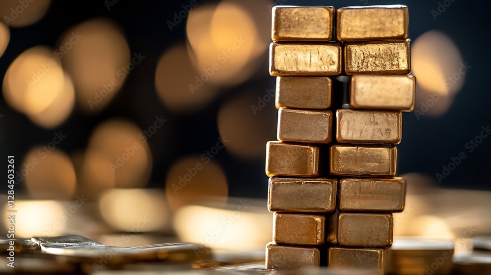 Stunning close up of gleaming gold bars displaying luxury and wealth with a blurred golden background : Generative AI