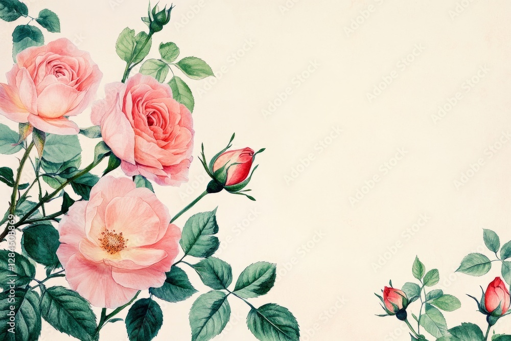 Pink roses and buds framing a textured background, creating a delicate and romantic setting Pink roses and buds framing a textured background, creating a delicate and romantic setting
