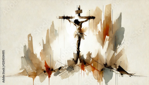 Good Friday. Abstract watercolor painting of Jesus Christ on the cross.
