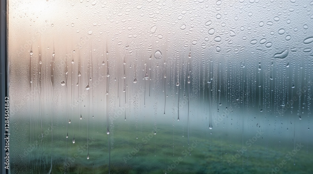 Obraz premium Close-Up View of Intricate Condensation on Window Glass – Delicate Fog Patterns and Textures Formed by Moisture Interaction
