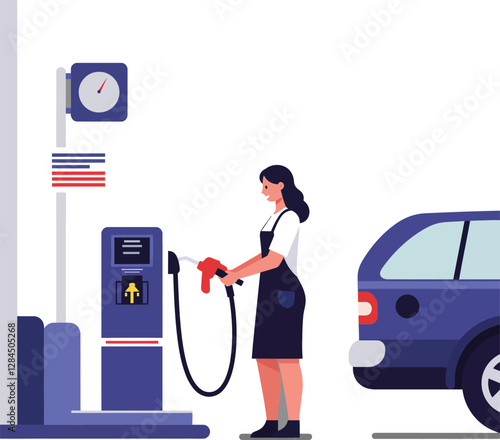 Woman fueling car at gas station in flat vector illustration style