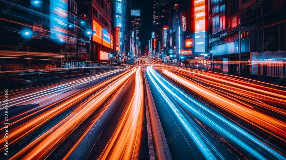 Dynamic Light Trails of Traffic on a Busy Urban Street at Night with Neon Signs and Skyscrapers Dynamic Light Trails of Traffic on a Busy Urban Street at Night with Neon Signs and Skyscrapers