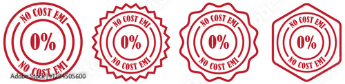 No cost emi, 0% interest icon set collection on white background. 0 percent emi badge design. No cost emi vector label. Round zero emi sticker. Emi offer badge illustration. Zero percent finance label