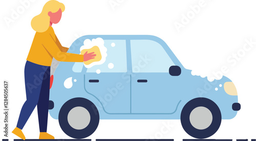 Woman washing a blue car in flat vector illustration style with detailed elements