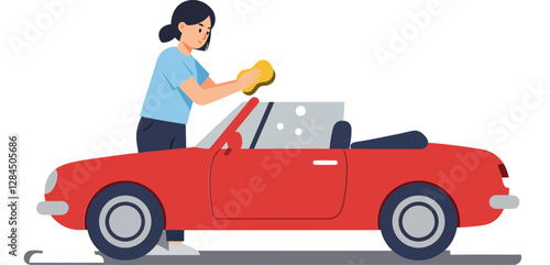 Car cleaning process featuring a woman using a sponge in flat vector art