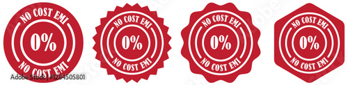No cost emi icon set collection on white background. Emi badge icon for marketing use. Simple label for zero percent emi. Payment badge with 0 percent label. Marketing sticker for zero emi