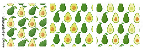 Set of seamless pattern of colorful vibrant avocados in various styles.
