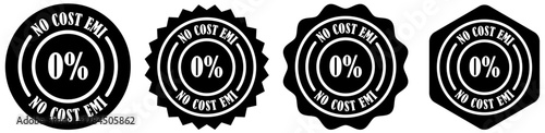 No cost emi rounded badge set collection on white background. 0 percent emi stamp for offers. Emi label for finance marketing. Emi free payment badge design. Round badge with 0 percent emi 

