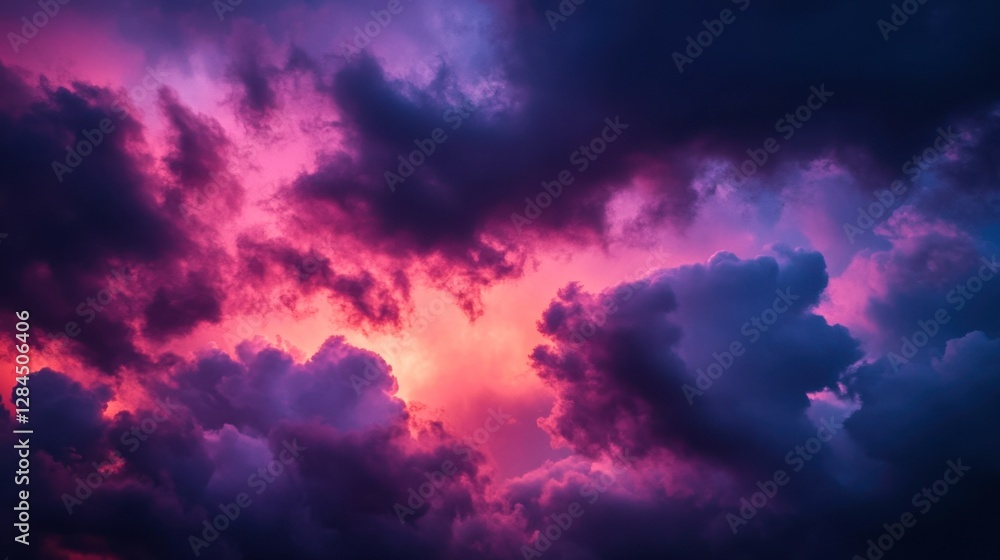 Bold purple and dark red clouds stretching across the sky as night begins to fall Bold purple and dark red clouds stretching across the sky as night begins to fall