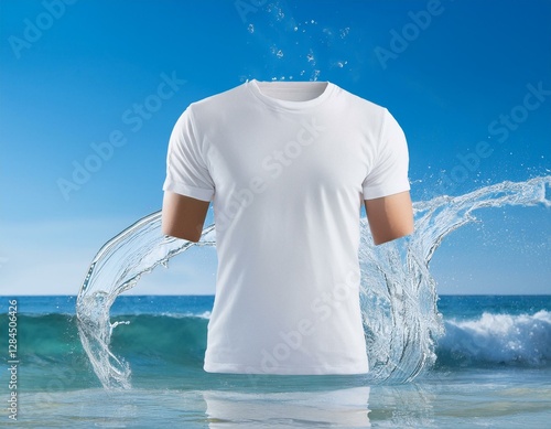 Camiseta blanca foto de maqueta salpicadura de agua, fotografía de producto, fondo una pplaya paradisiaca con olas, flotando en el aire, mockup photo