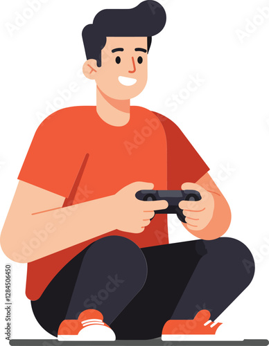 Young man playing video games in flat minimal style vector art