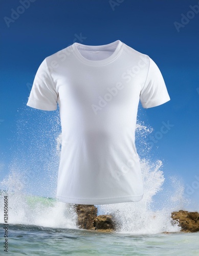 Camiseta blanca foto de maqueta salpicadura de agua, fotografía de producto, fondo una pplaya paradisiaca con olas, flotando en el aire, mockup photo