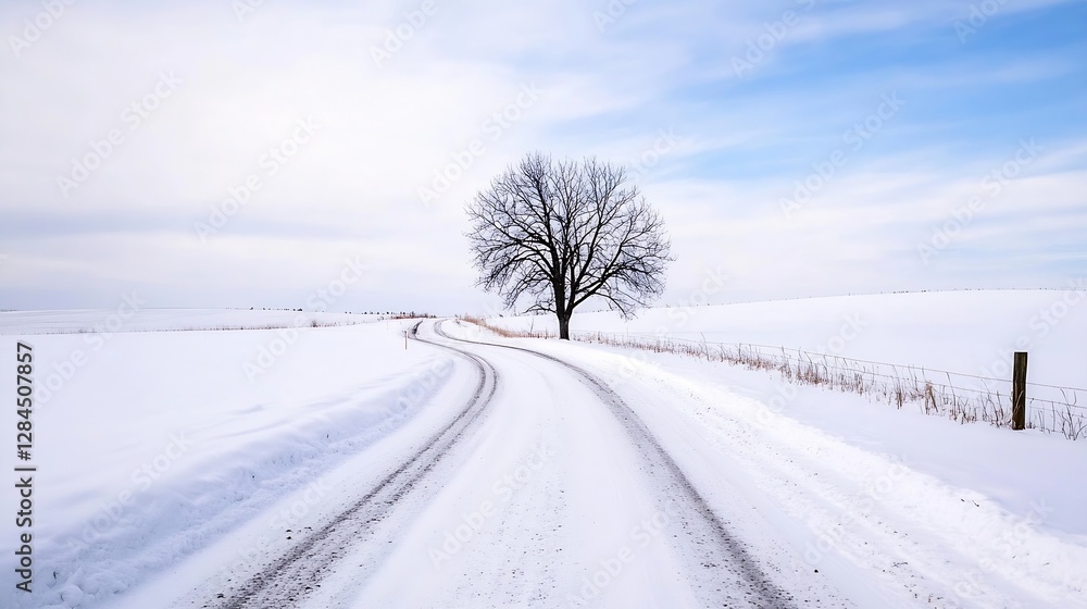 Obraz premium Lonely leafless tree stands on a snowy path under a cloudy sky creating a serene winter landscape : Generative AI