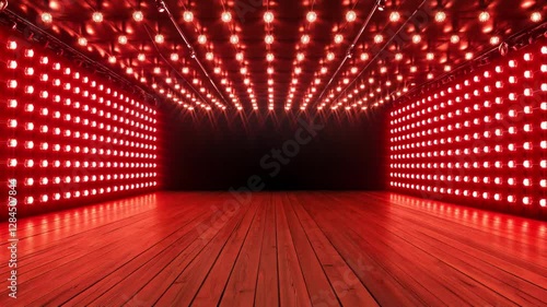 A dramatic zoom effect revealing a futuristic stage with glowing lights.