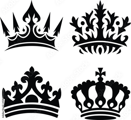 Royal Crown Silhouettes Vector, Elegant Vintage King and Queen Crown Icons