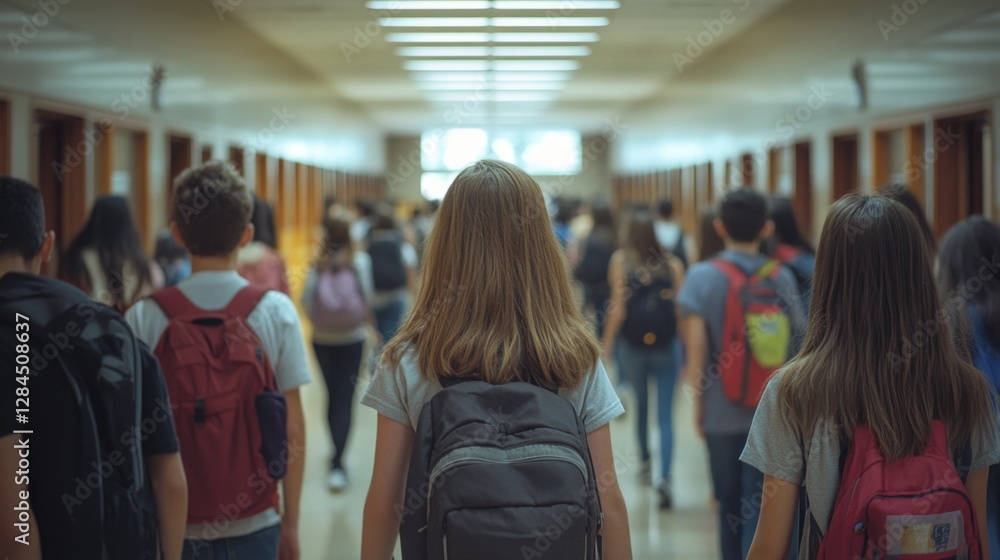 A wide school hallway with students wearing backpacks and walking in a line, representing the daily routine of education. A wide school hallway with students wearing backpacks and walking in a line, representing the daily routine of education.