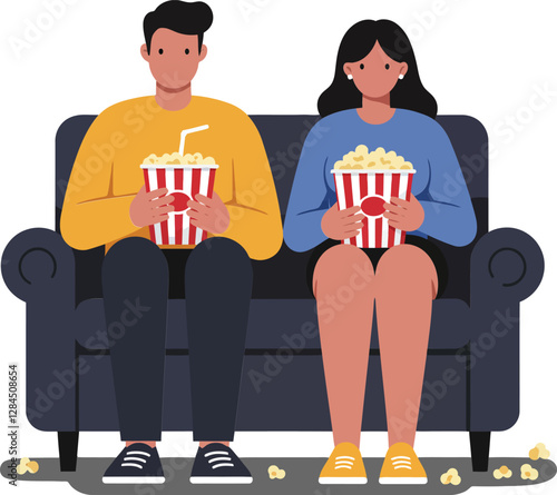 Couple sitting on couch enjoying popcorn in flat vector art