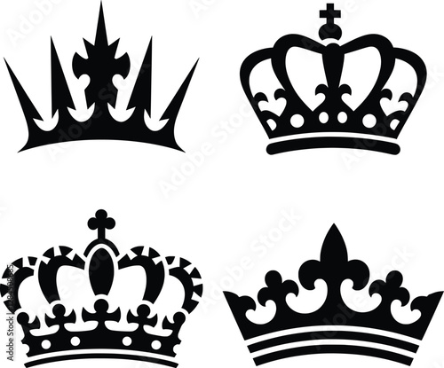 Royal Crown Silhouettes Vector, Elegant Vintage King and Queen Crown Icons