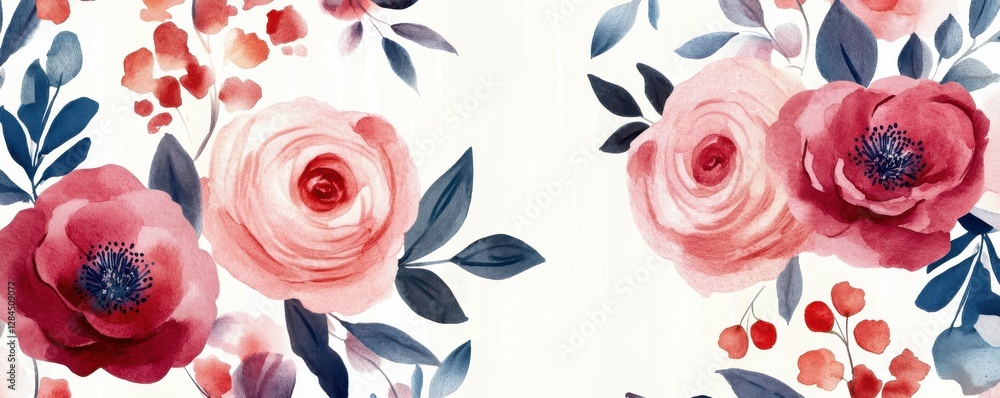 Fototapeta premium Elegant watercolor floral arrangement with pink and red roses and blue leaves