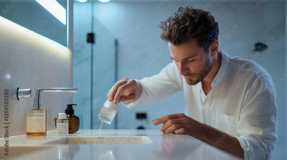 A man with hair loss using a hair regrowth serum in a minimalist bathroom. Featuring simplicity and care