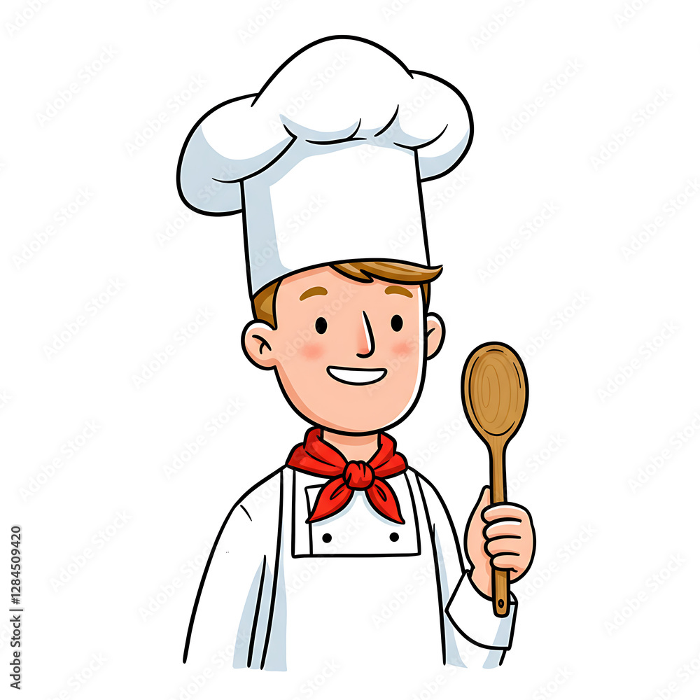 Smiling Chef Cartoon Wooden Spoon White Uniform Cheerful Style Smiling Chef Cartoon Wooden Spoon White Uniform Cheerful Style